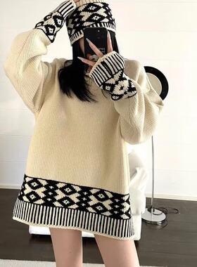 ICEYY Low 休闲复古条纹圆领针织衫菱格撞色宽松长袖毛衣女classi