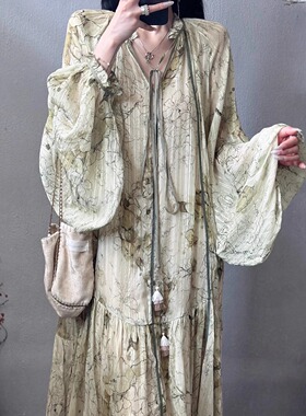 ICEYY yangke清新飘逸古典风印花气质复古新中式国风连衣裙女han