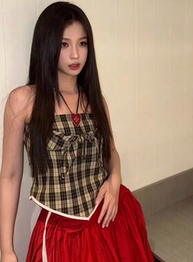 ICEYY marchen虞书欣同款少女风格纹抹胸上衣设计感气质百搭背心