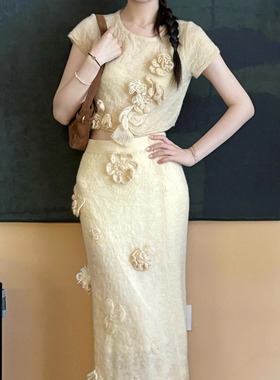 ICEYY piacev气质优雅立体花朵短袖T恤上衣女法式设计感搭配半裙