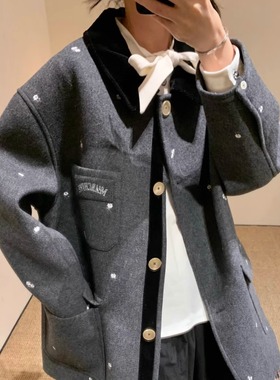 ICEYY marchen冬季韩系保暖宽松毛呢外套女绣花气质翻领直筒外套