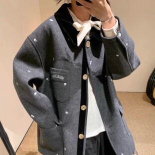 ICEYY marchen冬季韩系保暖宽松毛呢外套女绣花气质翻领直筒外套