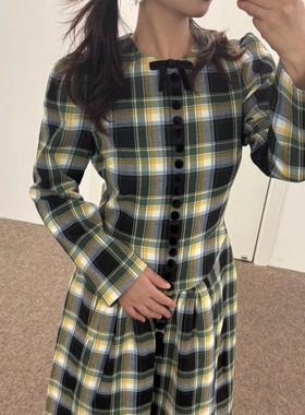 ICEYY shushu减龄法式复古格纹连衣裙女甜美气质修身显瘦拼接长裙