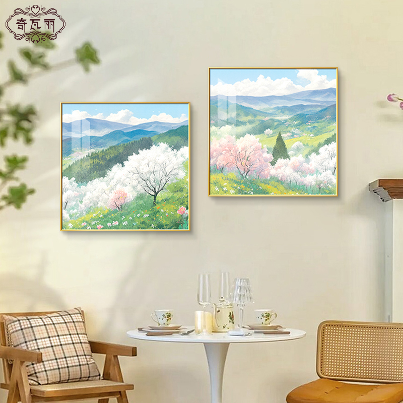 奶油风餐厅装饰画花卉客厅挂画手绘油画风景饭厅餐桌背景墙面壁画图片