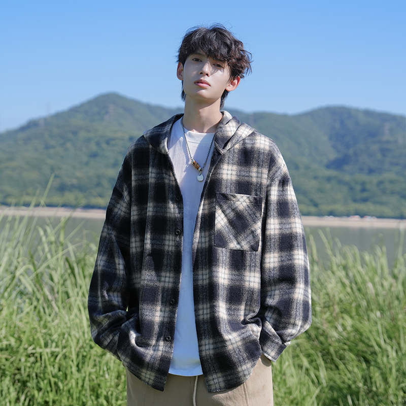 美式复古格子连帽衬衫男