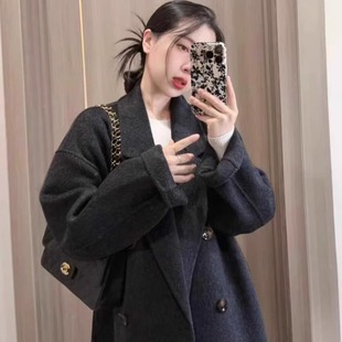 碳黑色双面羊绒大衣女中长款2025秋冬新款韩版宽松高端羊毛呢外套