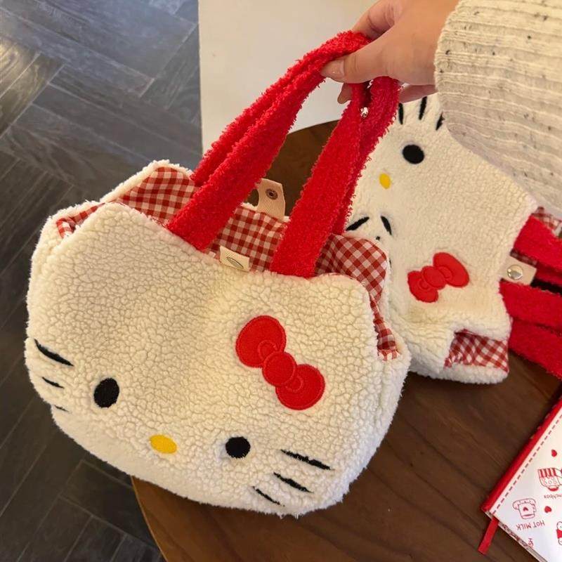 秋冬新款韩系ins风刺绣kitty羊羔毛手提包外出逛街通勤百搭托特包