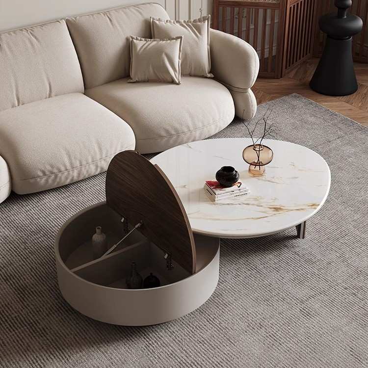 奶油风圆茶几客厅家用现代简约极简小户型可旋转岩板圆形茶几桌子