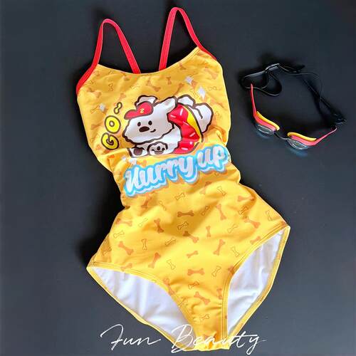 快乐小狗连体泳衣女款卡通撞色三角温泉比基尼游泳馆专业竞速泳装