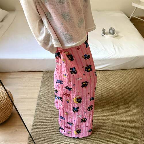晚安喵慵懒风轻薄遛弯裤夏女睡裤休闲健身长裤高腰直筒宽松家居裤