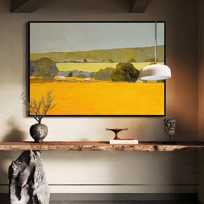 大幅中古风餐厅挂画手绘油画走廊尽头山水日照金山寓意好装饰画