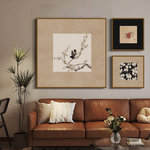 中古风挂画组合装饰画中式简约壁画客厅沙发背景墙茶室复古油画