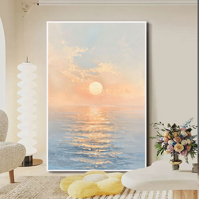 纯手绘肌理油画海滩日出奶油风壁画客厅落地装饰画主卧室温馨挂画
