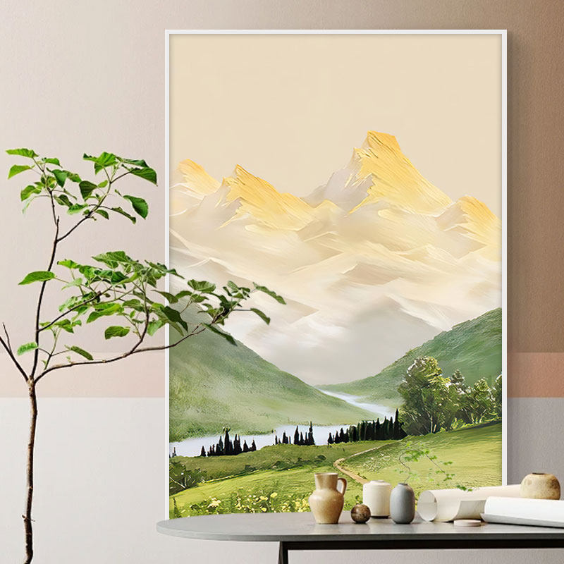奶油风侘寂风油画山水风景手绘肌理挂画客厅玄关写实立体装饰画