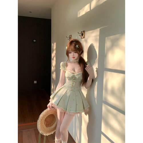 【瑞茜】绿檀粉樱 春夏可爱公主风连衣裙开衫 R8569Y