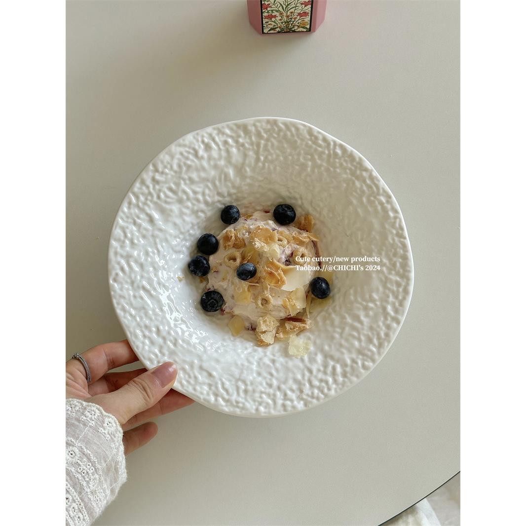 ins小众设计不规则碎石纹理白色陶瓷汤盘异形酸奶沙拉碗高级感盘