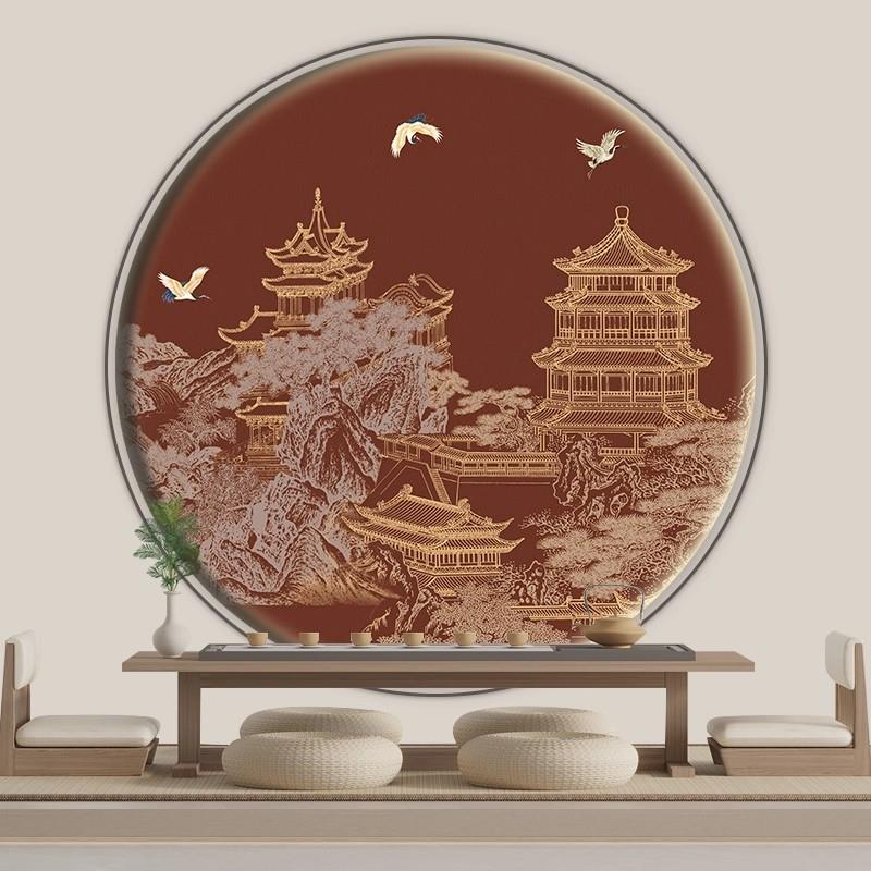 3d立体圆形阁楼壁画新中式电视沙发背景墙纸酒店包厢茶室定制壁布