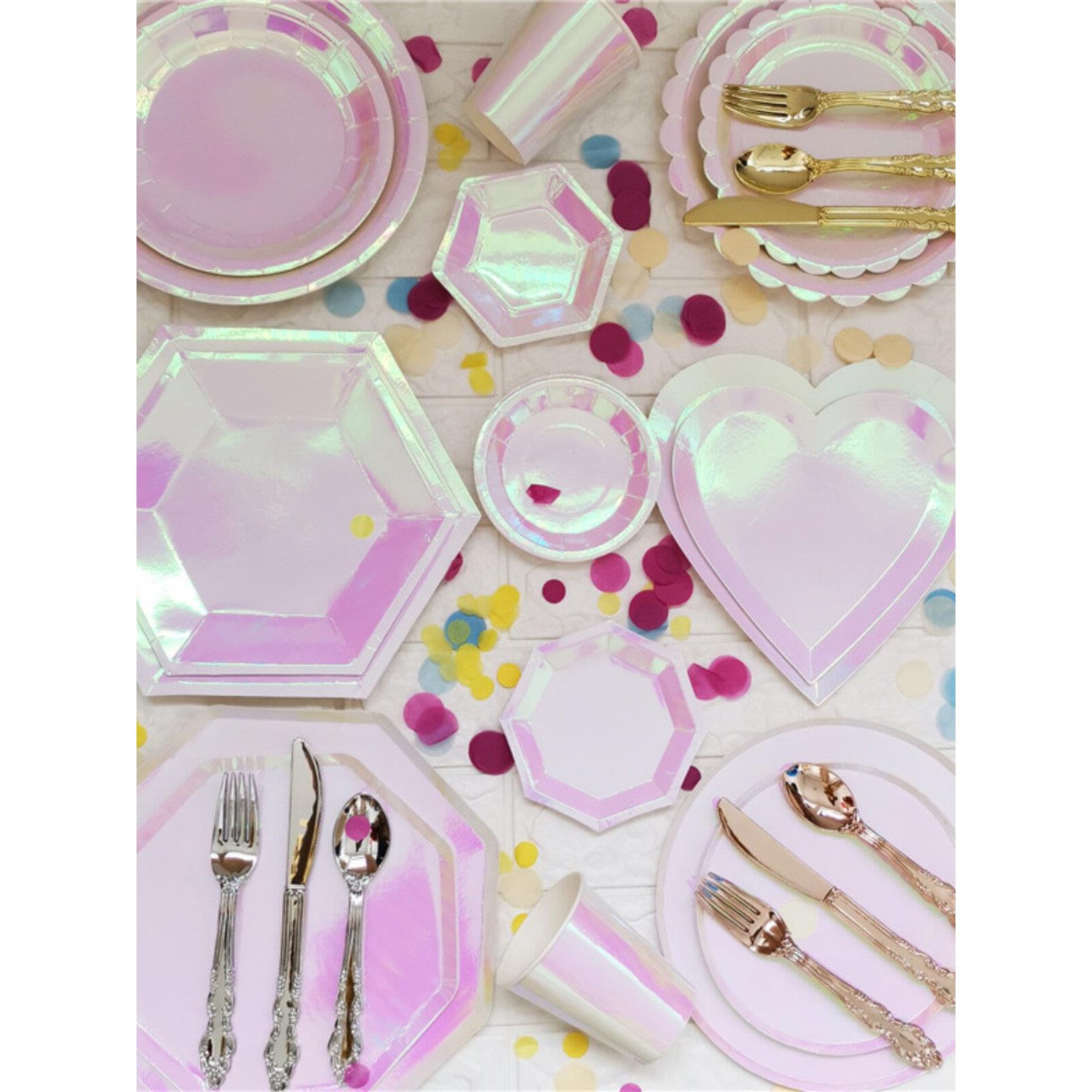 Pink Laser party plate一次性生日派对盘子镭射粉色爱心纸盘碟子