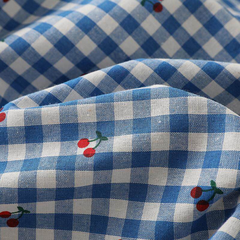 ins风纯棉樱桃印花小格子衬衫连衣裙娃衣服装布料大肠发圈diy面料
