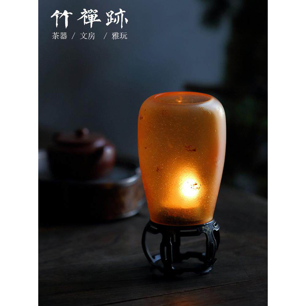 竹禅迹|古篱仿古琉璃烛台铜制底座禅意茶室氛围灯琥铂色装饰摆件