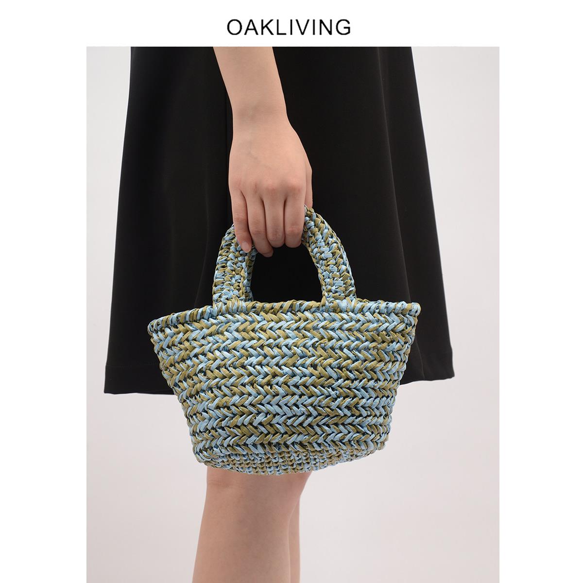 oakliving拉菲草度假风编织手提包女休闲购物收纳篮撞色小众ins风