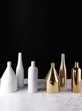 现代简约北欧白色电镀金色陶瓷花瓶轻奢现代家居客厅摆件花器工艺