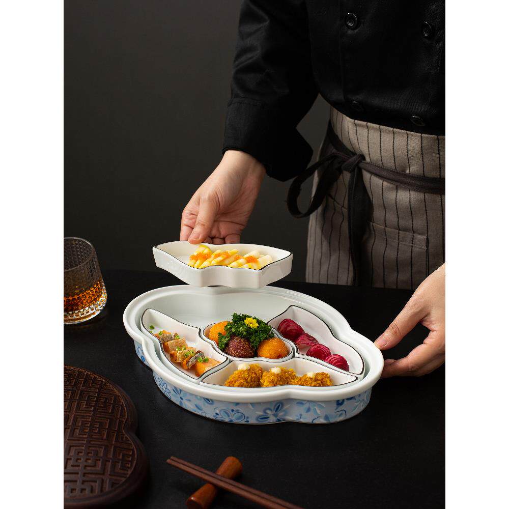 酒店中式特色烤鸭料碟小吃五格冷菜拼盘餐具旦形陶瓷分隔食盒果盘