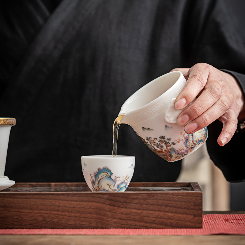 唐舍国风山水田园快客杯旅行茶具套装德化白瓷家用旅游便携泡茶杯