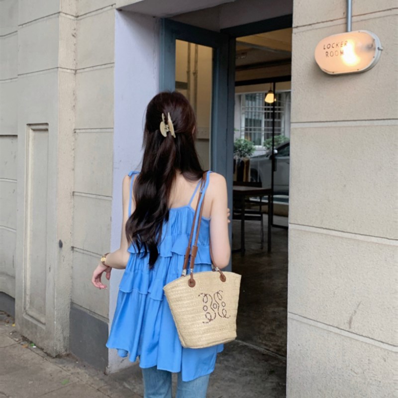 小清新黄色荷叶边吊带背心女夏季2024新款休闲显瘦温柔风无袖上衣