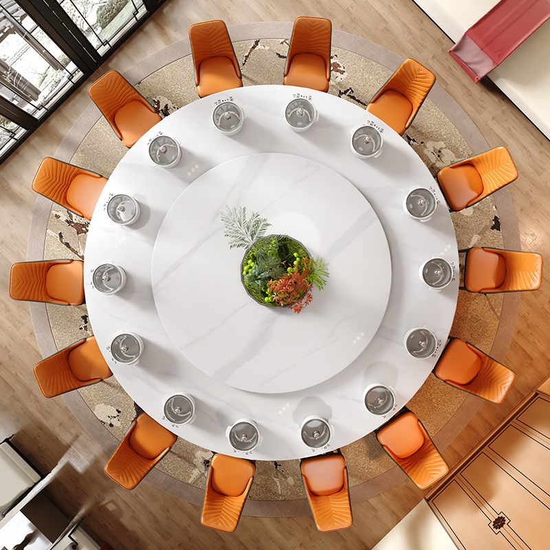 酒店电动餐桌大圆桌20人岩板餐桌带转盘一人一锅桌子婚庆宴会椅子