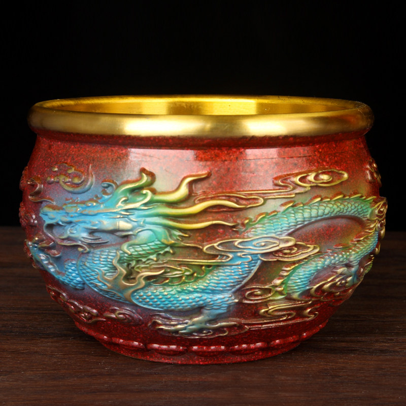 铜龙凤缸摆件 铜缸摆件 铜聚宝盆缸摆件 龙凤呈祥缸摆件