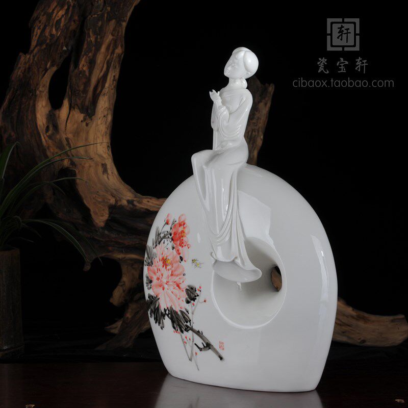 德化陶瓷明清古典美女仕女花好月圆手绘牡丹办公家居结婚礼品摆件