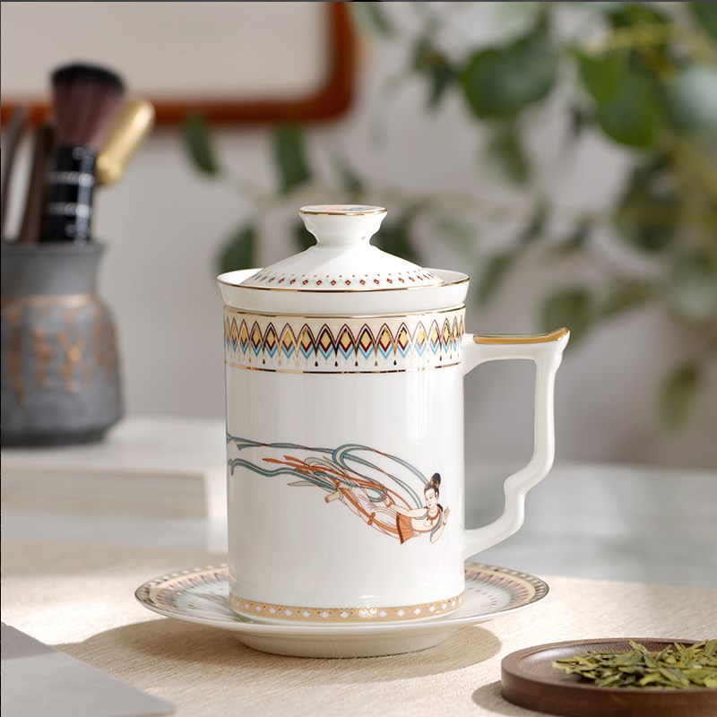 办公室茶杯茶水分离陶瓷唐山红玫瑰骨瓷飞天滤茶杯漏斗杯马克杯