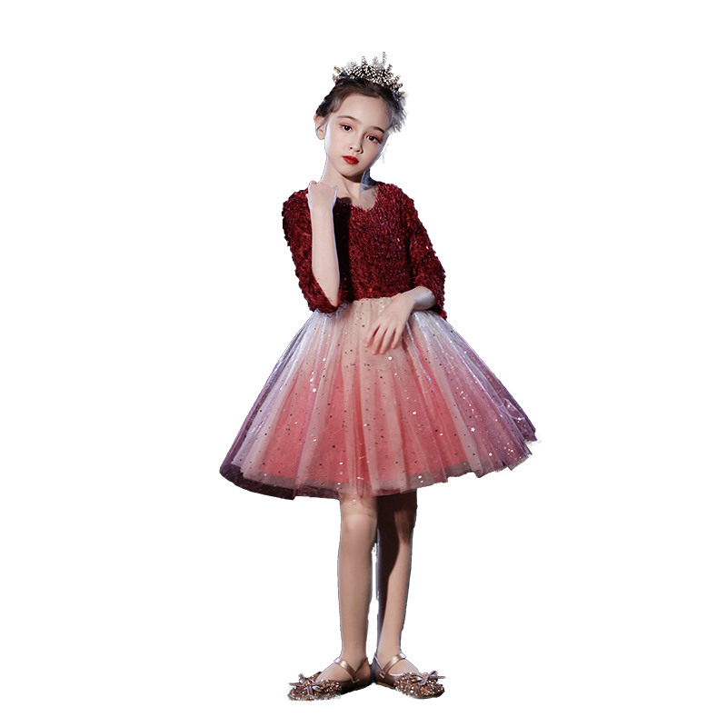 女童红色礼服公主裙生日洋气小花童婚纱儿童主持人钢琴演出服春秋