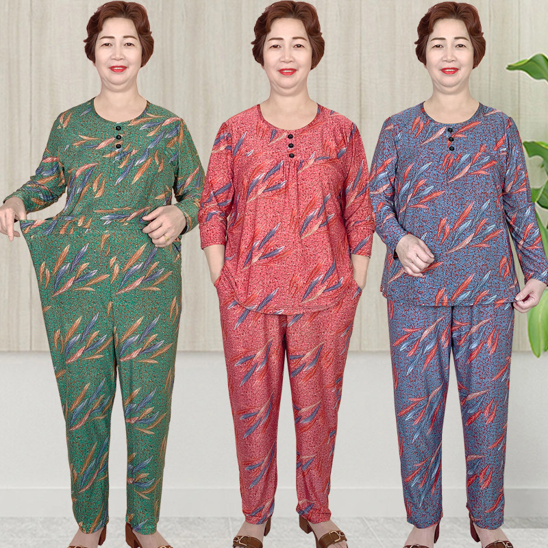200斤大码妈妈套装中老年秋季女加肥加大长袖T奶奶衫圆领宽松花裤