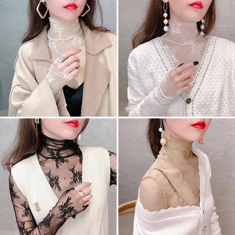 高领网纱打底衫女毛衣内搭堆堆领紧身薄纱衣新款蕾丝洋气性感上衣