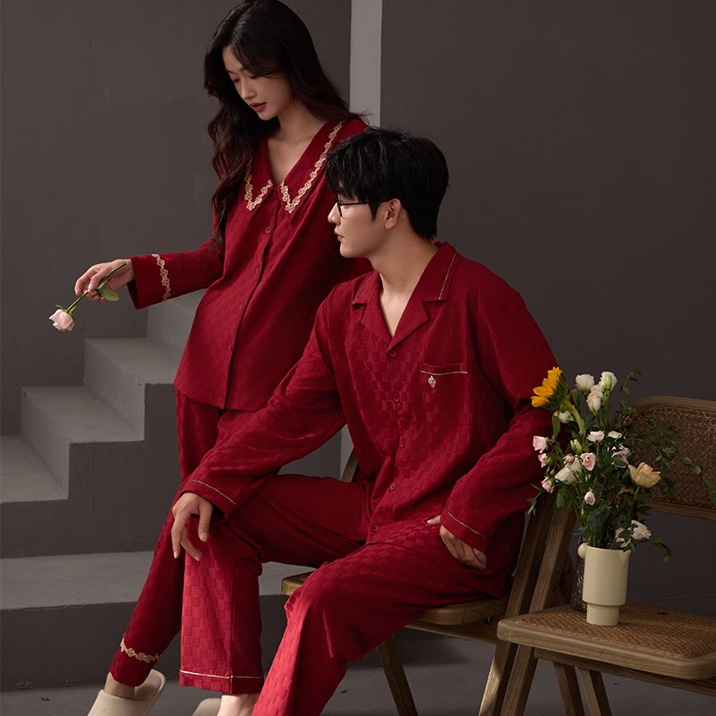 思馨坊情侣睡衣春秋季纯棉长袖提花格子红色结婚新婚男女士家居服