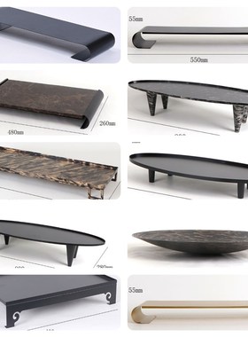 新中式轻奢描金哑黑托盘摆件客厅书房办公室样板间果盘软装摆设