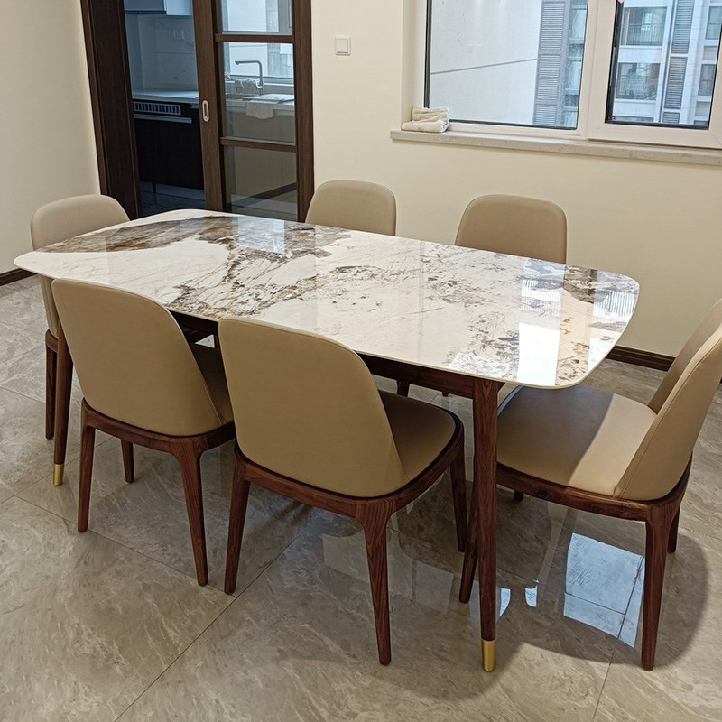 惟屋德馨意式极简北美黑胡桃实木餐桌岩板饭桌长方形餐桌椅组合