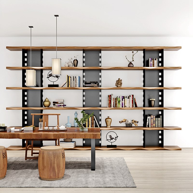 北欧实木书架满墙工业风书柜多层铁艺客厅办公室书房展示架储物架