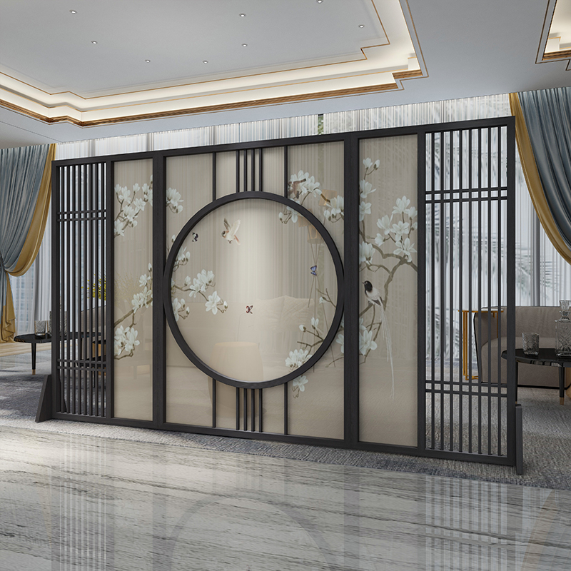 中式实木屏风隔断客厅黑胡桃木榫卯镂空大型屏风纱屏电视背景格栅