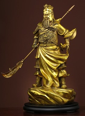 纯黄铜关公摆件客厅立刀关公像横刀武财神像家用供奉神像佛像大号