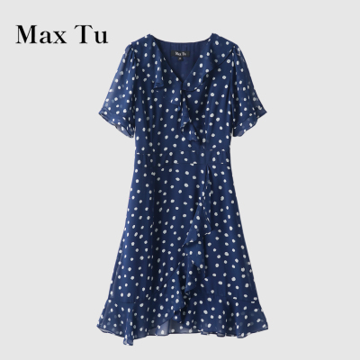 MaxTu蓝色波点收腰A字连衣裙