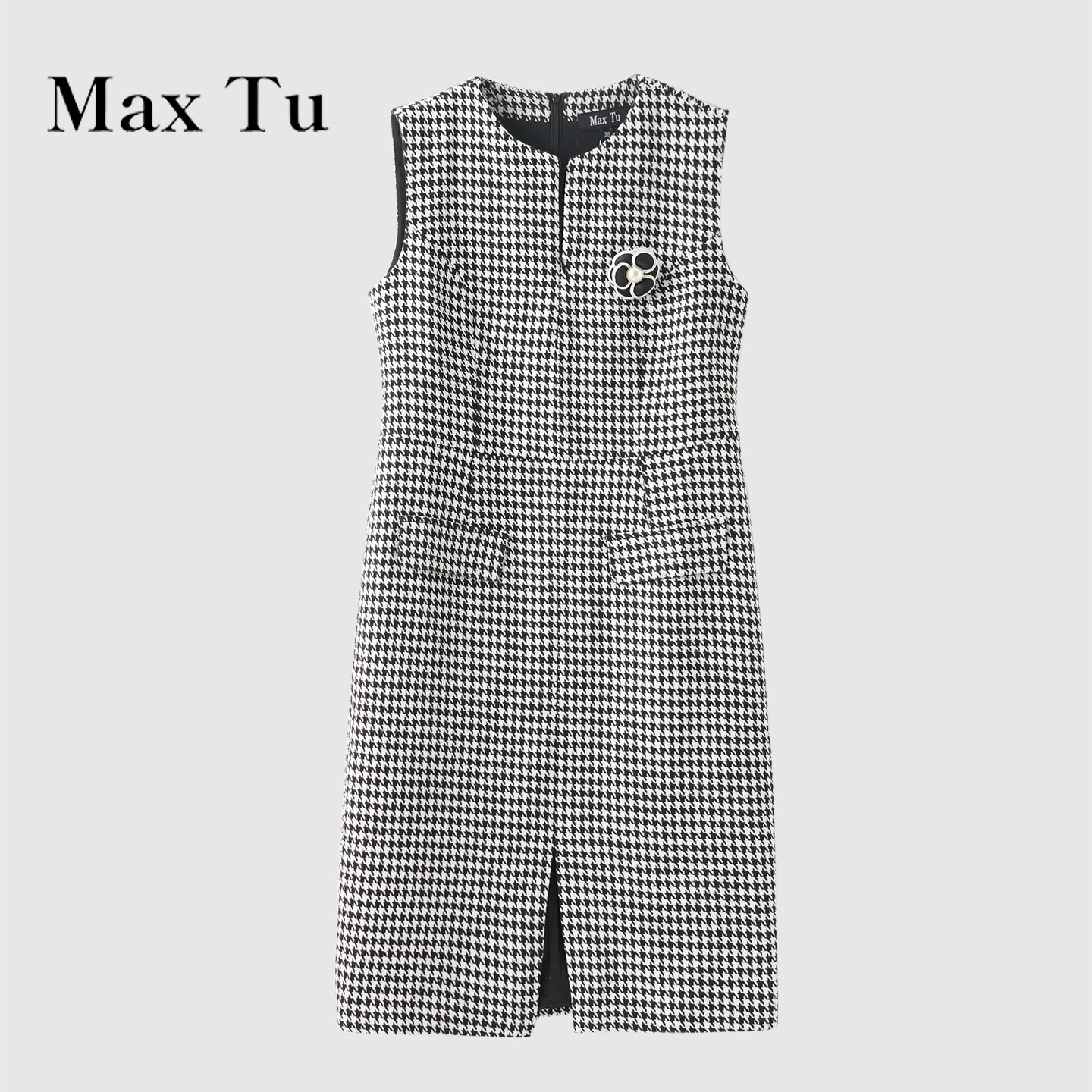 Max Tu折扣店春秋轻奢千金风千鸟格无袖连衣裙女显瘦气质背心裙