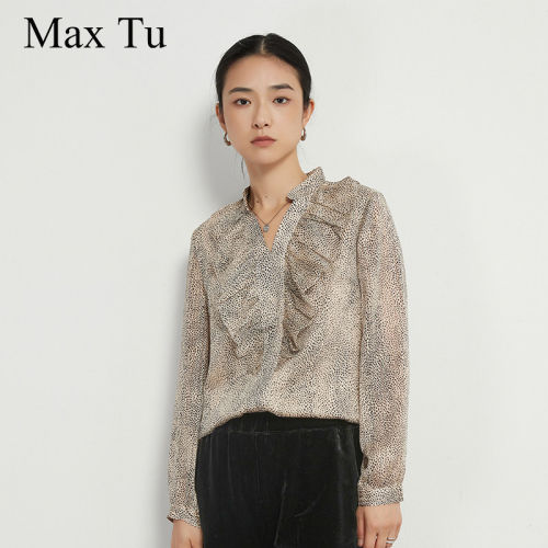 MaxTu春秋小立领豹纹雪纺衬衫