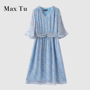 Max Tu折扣店夏休闲V领喇叭袖碎花中袖连衣裙女收腰显瘦中长裙