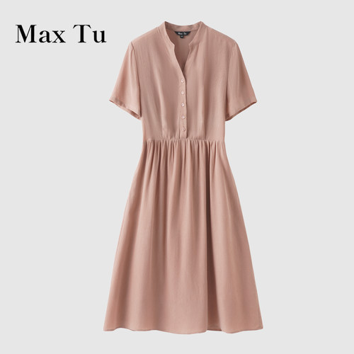 MaxTu粉色V领短袖收腰连衣裙