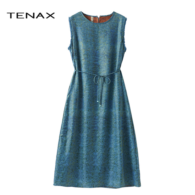 tenax  2026夏妈妈仿香云纱复古桑蚕丝无袖连衣裙系带背心长裙