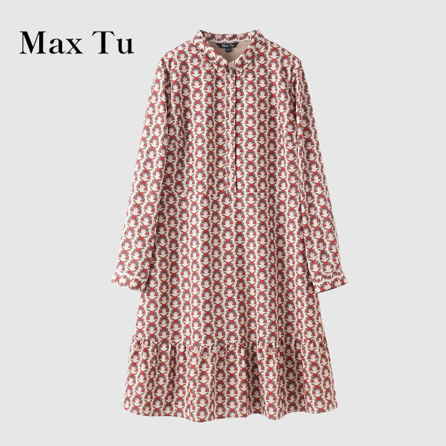 Max Tu折扣店春秋休闲印花连衣裙女长袖中长裙淑女秋装花色