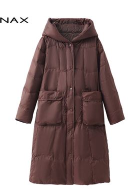 TENAX 2025冬新款宽松大码中年妈妈时尚中长款白鸭绒连帽羽绒服